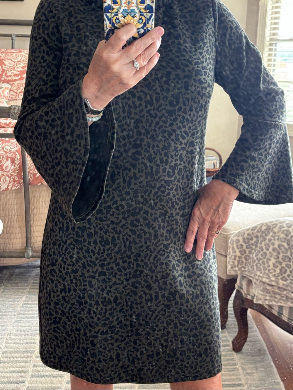 Women's Olive Green Leopard-Print Shift Dress